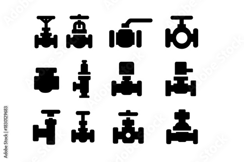 Industrial Valve Icons. Industrial valves. Solid icon set of Industrial valves: gate valve, globe valve, ball valve, butterfly valve, check valve, pressure