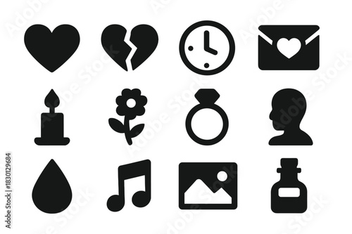 Bittersweet Icon Set. Bittersweet Memories. Solid icon set of Bittersweet Memories: heart, broken heart, clock, paper letter, candle, flower, ring, shadow,