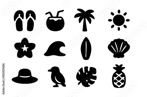 Tropical Icons Collection. Tropical vibes. Solid icon set of tropical vibes: flip-flop, coconut drink, palm tree, sun, flower, wave, surfboard, shell, hat,
