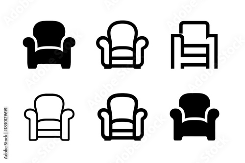 Armchair Logo Collection. Armchair armrest. Icon set. Set Logo of armchair design: classic armchair profile. harmonious logo variations of the same emblematic