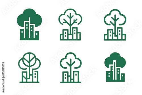 Urban Renewal Icons. Urban Renewable Projects. Icon set. Set Logo of Urban Renewable Projects: tree integrated into city block. harmonious logo variations of