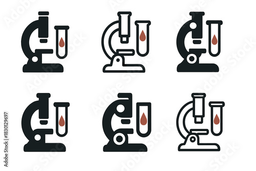 Blood Sample Logos. Blood sample in test tube. Icon set. Set Logo of blood sample: microscope and test tube. harmonious logo variations of the same emblematic