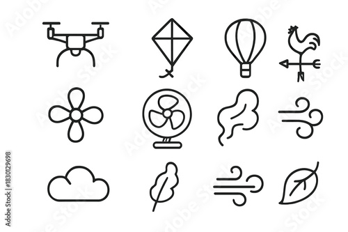 Aerial Devices Icons. Aerial Devices. Line icon set of Aerial Devices: drone, kite, hot air balloon, propeller, fan, weather vane, airborne feather, smoke