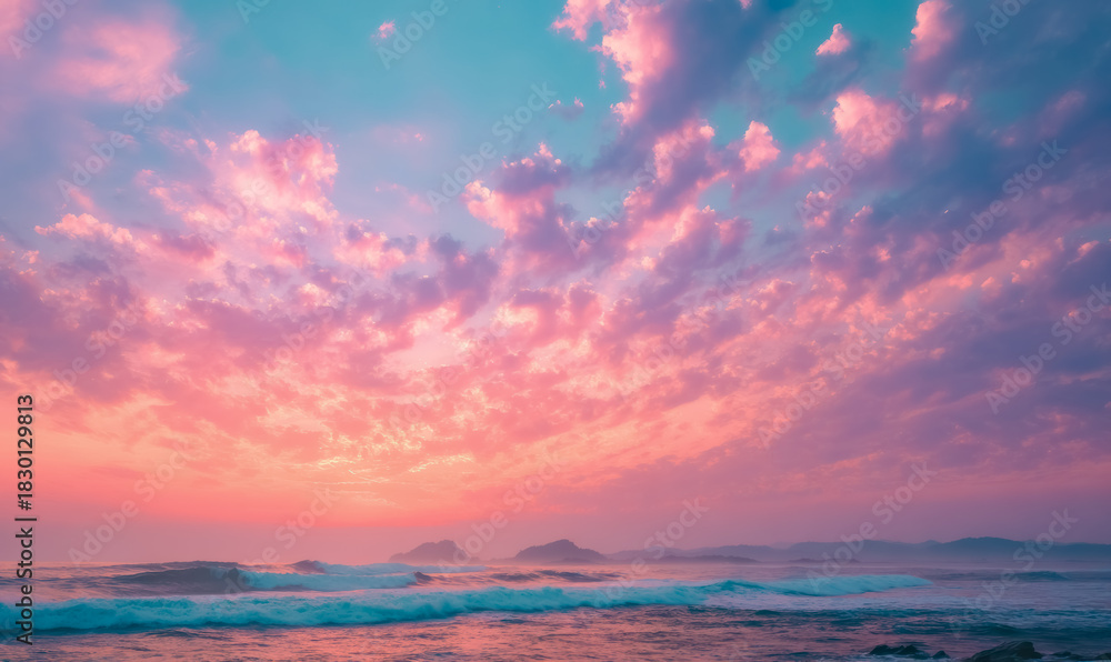 Obraz premium Bright clouds in vivid tones stretch across the sky at sunset, casting reflections on the ocean surface. The dramatic light creates a striking natural scene.
