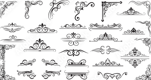 Elegant vintage ornamental flourishes and decorative corner dividers in intricate swirl line art for classic framing and refined design accents