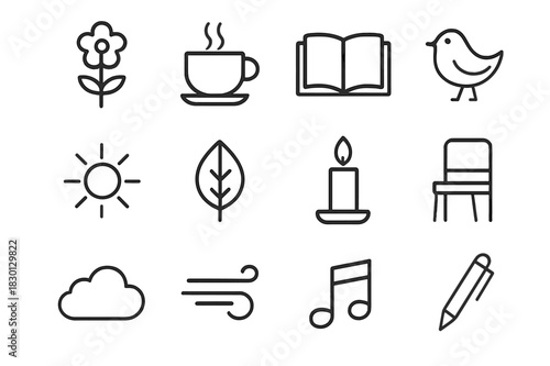 Simple Pleasures Icons. Simple Pleasures. Line icon set of Simple Pleasures: flower, coffee cup, open book, bird, sun, leaf, candle, chair, cloud, breeze,