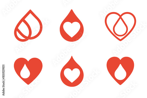 Blood Heart Icons. Blood. Icon set. Set Logo of blood: drop merging with heart. harmonious logo variations of the same emblematic concept, each with different