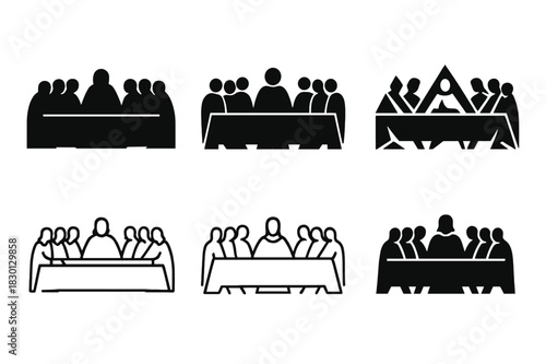 Last Supper Icons. Last Supper. Icon set. Set Logo of Last Supper: silhouetted apostles around table. harmonious logo variations of the same emblematic