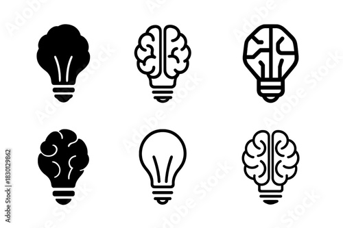Educational Icon Diversity. Teaching moment. Icon set. Set Logo of teaching moment: Lightbulb and brain. harmonious logo variations of the same emblematic