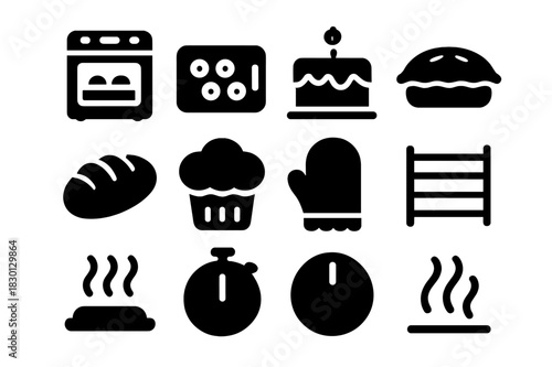 Black Baking Icons. Kitchen baking. Solid icon set of Kitchen baking: oven, tray, cake, pie, bread, muffin, oven mitt, rack, heat waves, timer, knob, steam.