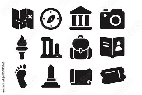 Historical Travel Icons. Historical travel. Solid icon set of historical travel: map, compass, temple, camera, torch, ruins, backpack, guidebook, footprint,