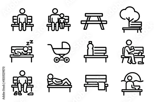 Park Bench Icons. Park bench moments. Line icon set of park bench moments: sitting alone, parent and child, picnic bench, shaded bench, sleeping baby, stroller