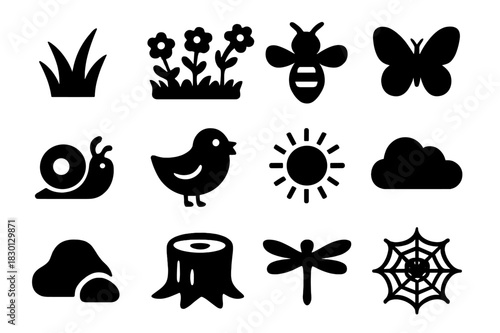 Meadow Icon Set. Meadow elements. Solid icon set of Meadow elements: grass blades, flower patch, bee, butterfly, snail, bird, sun, clouds, rock, tree stump,