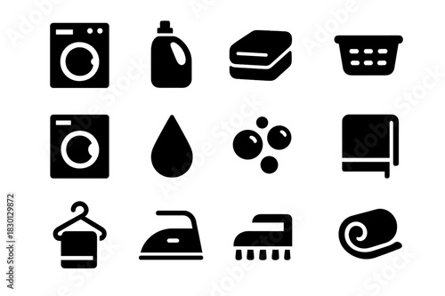 Towel Care Icons. Towel care. Solid icon set of Towel care: washing machine, detergent bottle, towel, laundry basket, dryer, water droplet, soap bubbles, fold