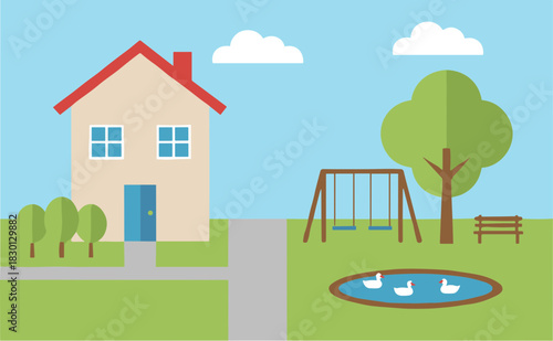 Simple flat vector illustration of a suburban house with a park.