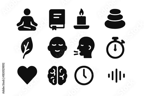 Mindfulness Icons Collection. Mindfulness practice. Solid icon set of Mindfulness practice: meditation pose, journal, candle, zen stones, nature leaf, calm