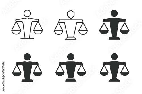 Courtroom Logo Variations. Courtroom scene with defendant. Icon set. Set Logo of courtroom: scales of justice with person. harmonious logo variations of the
