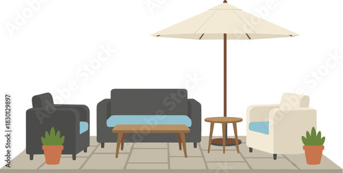 Modern outdoor patio furniture set with umbrella and potted plants.