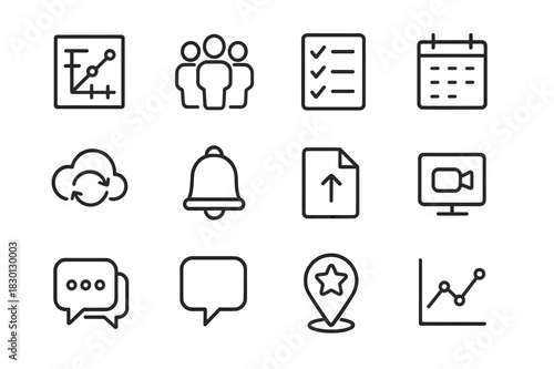 Collaboration Dashboard Icons. Collaboration Dashboard. Line icon set of Collaboration Dashboard: project chart, team members, task list, calendar, cloud sync,