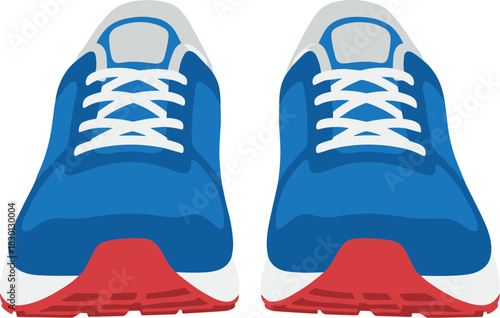 Pair of blue athletic running shoes with red soles vector illustration.