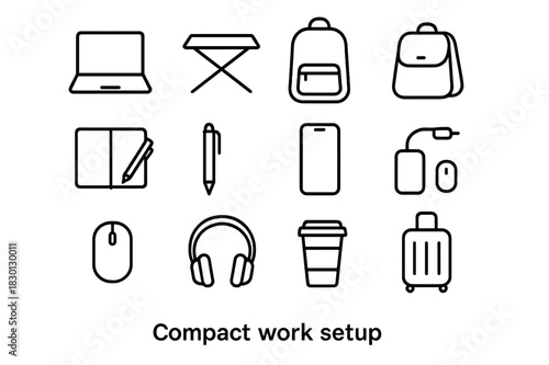 Portable Office Essentials. Compact Work Setup. Line icon set of Compact Work Setup: laptop, foldable desk, backpack, notebook, pen, smartphone, power bank,