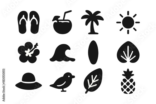 Tropical Icons Collection. Tropical vibes. Solid icon set of tropical vibes: flip-flop, coconut drink, palm tree, sun, flower, wave, surfboard, shell, hat,