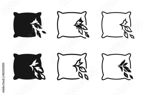 Ragged Pillow Logos. Ragged pillow. Icon set. Set Logo of ragged pillow: open seam with feathers. harmonious logo variations of the same emblematic concept,