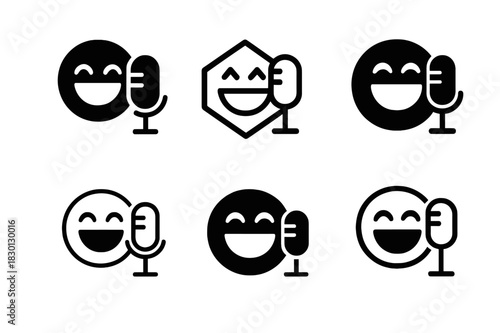 Comedy Podcast Logos. Comedy Podcast. Icon set. Set Logo of Comedy Podcast: laughing emoji with mic. harmonious logo variations of the same emblematic concept,