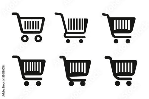Cart Logo Variations. Cart. Icon set. Set Logo of cart: checkout cart with barcode. harmonious logo variations of the same emblematic concept, each with