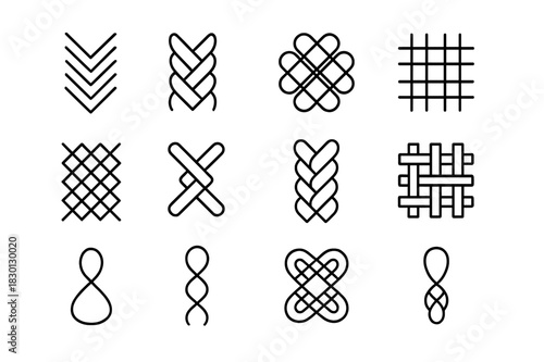 Woven Rope Patterns. Woven rope patterns. Line icon set of woven rope patterns: chevron weave, braid pattern, lattice knot, rope grid, rope mesh, overlapping