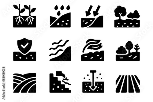 Erosion Control Icons. Erosion control. Solid icon set of Erosion control: cover crop roots, rain droplets, slope arrows, mulch layer, soil protection icon,