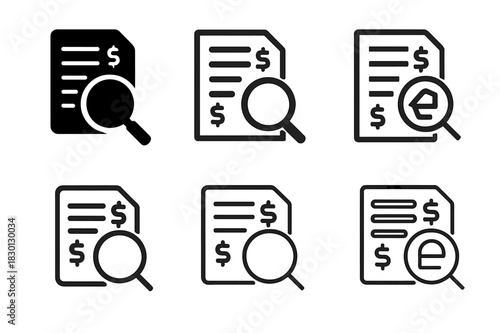 Bank Statement Icons. Bank statement with charges. Icon set. Set Logo of bank statement: magnifying glass over statement. harmonious logo variations of the