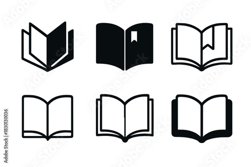 Open Book Logos. Open book. Icon set. Set Logo of open book: Book with a bookmark. harmonious logo variations of the same emblematic concept, each with