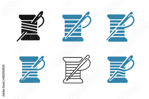 Stitch Logo Variations. Stitch. Icon set. Set Logo of stitch: thread spool and needle. harmonious logo variations of the same emblematic concept, each with