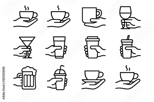 Handheld Beverage Icons. Holding Beverages. Line icon set of Holding Beverages: hand holding coffee cup, hand holding tea cup, hand holding mug, hand holding