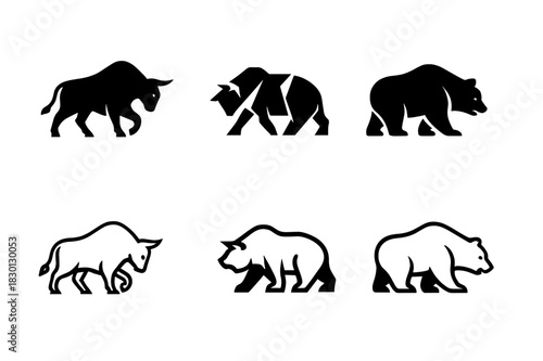 Stock Market Icons. Stock markets and financial trading floors. Icon set. Set Logo of stock markets and financial trading floors: Bull and bear symbols.
