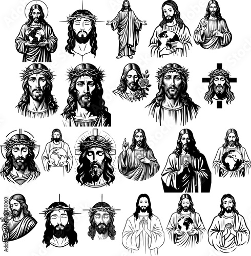 Set of Jesus christ vector art illustration in various style line art drawing