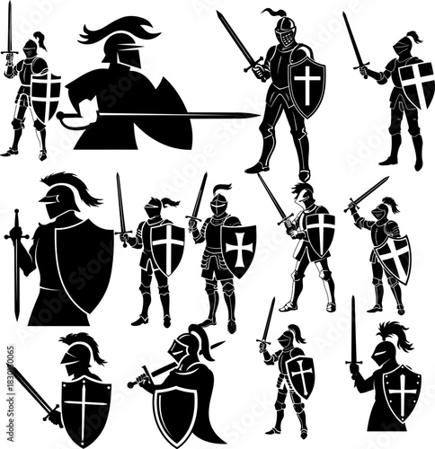 Armor knight silhouette with sword and shield vector illustration various style