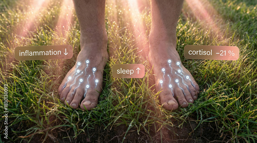 Bare feet standing on dewy grass with glowing negative ions visualizing grounding benefits like reduced inflammation, improved sleep, and lowered cortisol levels