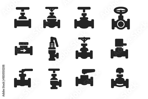 Industrial Valve Icons. Industrial valves. Solid icon set of Industrial valves: gate valve, globe valve, ball valve, butterfly valve, check valve, pressure