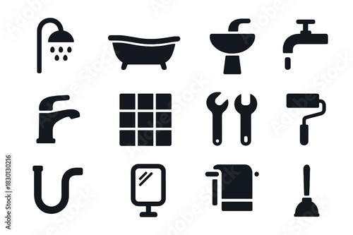 Bathroom Renovation Icons. Bathroom renovation. Solid icon set of bathroom renovation: shower, bathtub, sink, faucet, tile, wrench, paint roller, pipe,