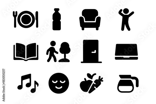 Midday Break Icons. Midday break. Solid icon set of Midday break: lunch plate, water bottle, rest chair, light stretch, open book, nature walk, quiet room,