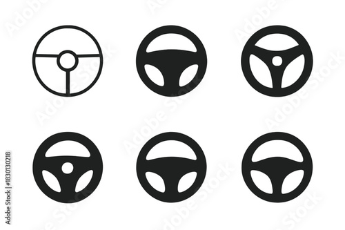 Driving Logo Icon Set. Driving. Icon set. Set Logo of Driving: Steering Wheel. harmonious logo variations of the same emblematic concept, each with different