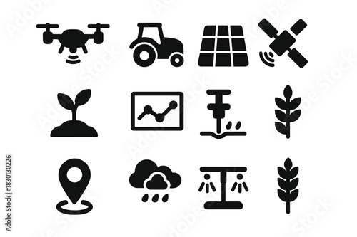 Precision Farming Icons. Precision Farming. Solid icon set of Precision Farming: drone, tractor, field grid, satellite, plant, data chart, sprayer, soil