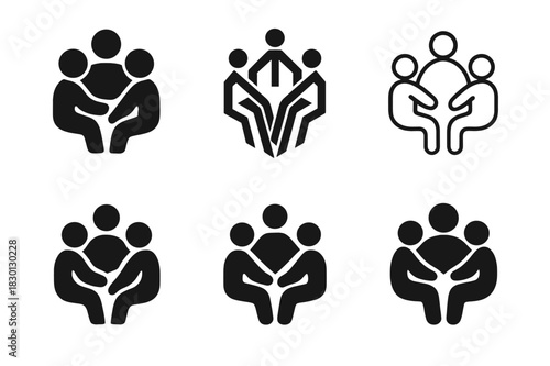 Community Logo Variations. Participating in a community gathering. Icon set. Set Logo of community: stylized community meeting emblem. harmonious
