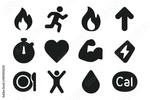 Calorie Burning Icons. Calorie burning. Solid icon set of Calorie burning: fire icon, running figure, flame, upward arrow, stopwatch, heart, muscle, energy