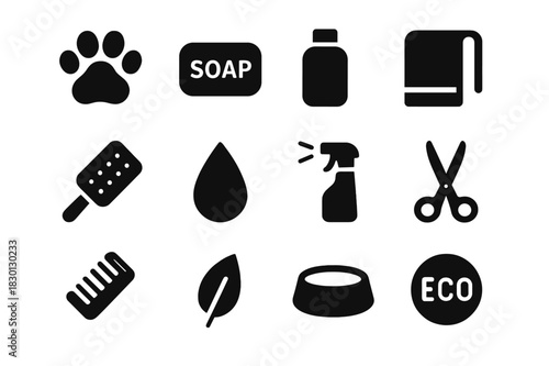 Pet Care Essentials. Pet Hygiene and Care. Solid icon set of Pet Hygiene and Care: paw, soap bar, shampoo bottle, towel, brush, water droplet, spray, scissors,