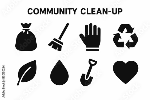 Community Clean-Up Icons. Community Clean-Up. Solid icon set of Community Clean-Up: trash bag, broom, glove, recycling symbol, leaf, water drop, shovel, he