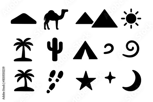 Sahara Icon Set. Sahara Desert. Solid icon set of Sahara Desert: dune, camel, pyramid, sun, palm, cactus, tent, wind swirl, oasis, footprints, star, moon.