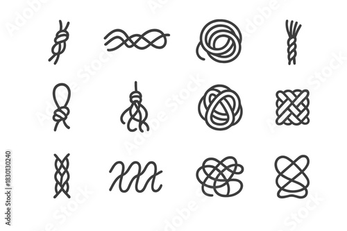 Tangled Rope Icons. Tangled ropes. Line icon set of tangled ropes: knotted rope, twisted cord, coiled rope, frayed end, looped knot, braided strand, hanging